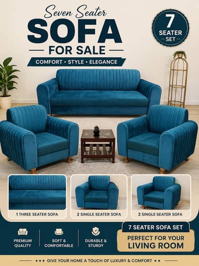 7 Seater Velvet Sofa Set for Sale | Premium Blue Fabric Sofa |