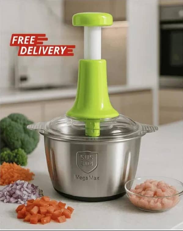 2L Heavy-Duty Stainless Steel Manual Chopper – Hand Push Food Cutter for Vegetables, Meat, Garlic, Onion, Fruits & Nuts