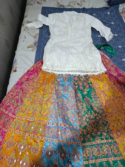 Girls Wedding White Embroidered Kurti with Multicolor Lehenga