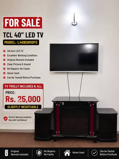TCL 40” Full HD LED TV + Glass TV Trolley Included | Original Remote
