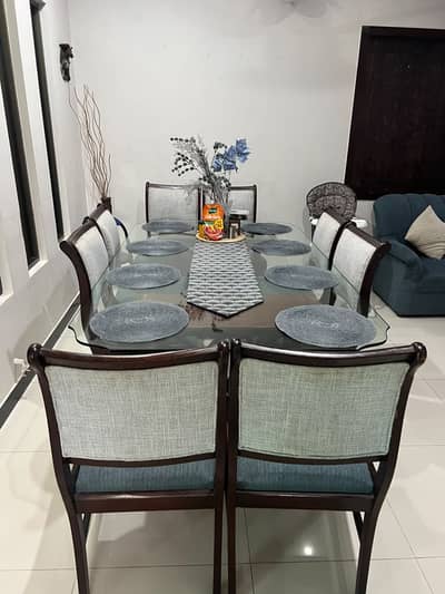 Luxury 8 - Seater Glass Top Dining Table | Premium Wooden Dining Set