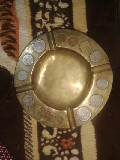 Vintage Antique Brass Ashtray Embedded with Real Collectible Coins