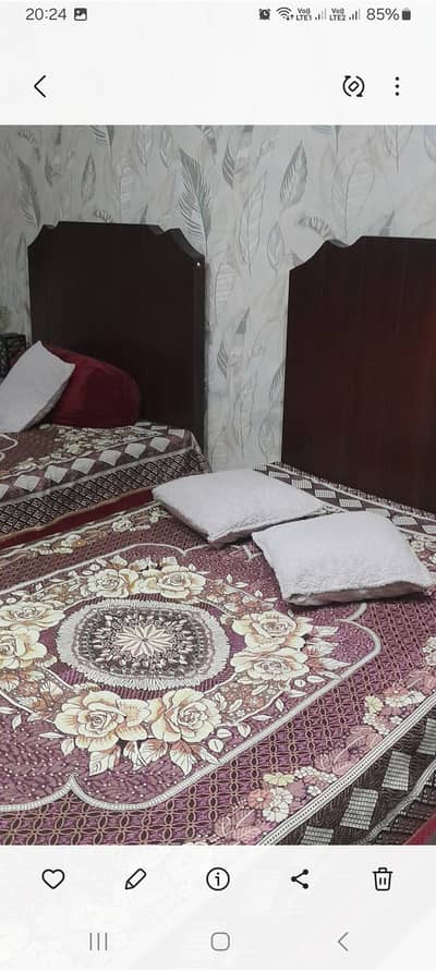 2 single wooden beds with 2 side tables and 2 molty foam mattress