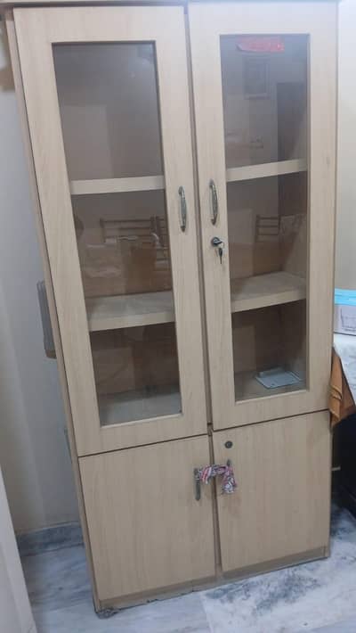 Wooden cupboard cabinet with glass shelves