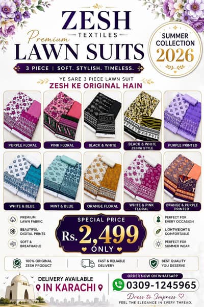 Women's 3 Piece Suit | Premium Lawn Dress | Zesh Premium | Casual