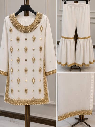 Beautiful white & golden bridal dress - 3 Piece | Heavy Embroidery