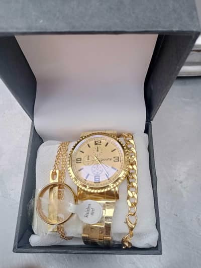 Luxury Men's 4-Piece Golden Gift Set | Watch, Bracelet