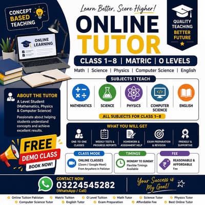Online Tutor in Lahore | Class 1-8, Matric and O-Levels | all subjects