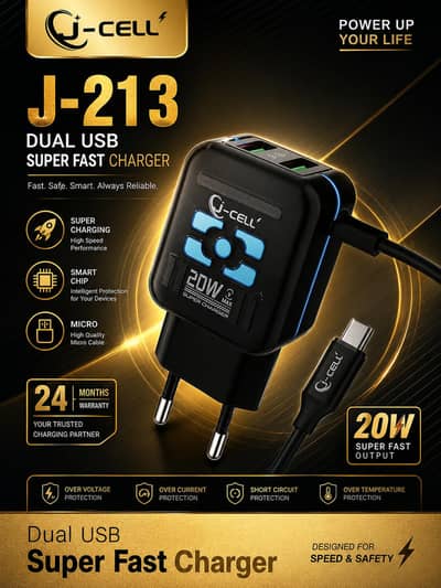 J-CELL J-213 20W Dual USB Super Fast Charger (New)