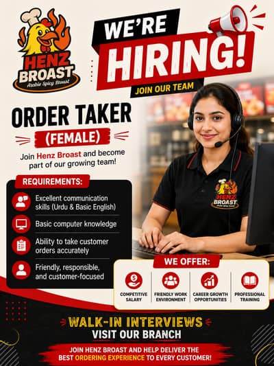WE NEED FEMALE ORDER TAKER FOR OUR BRANCH