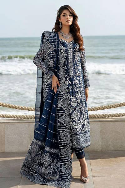 Luxury Navy Blue Heavy Embroidered 3 Piece Suit – Brand New