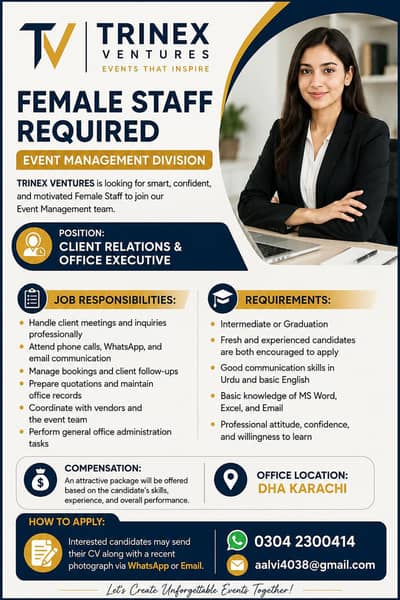 Female Office Staff Required Client Relations
