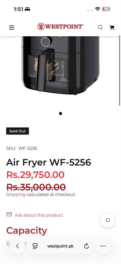 Westpoint Air Fryer WF-5256 (6L) – Only Few time used like new-