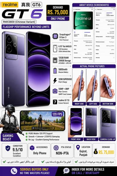 Realme GT 6 (Chinese Variant )PUBG 120FPS :Rs. 75,000RAM: 12GB 