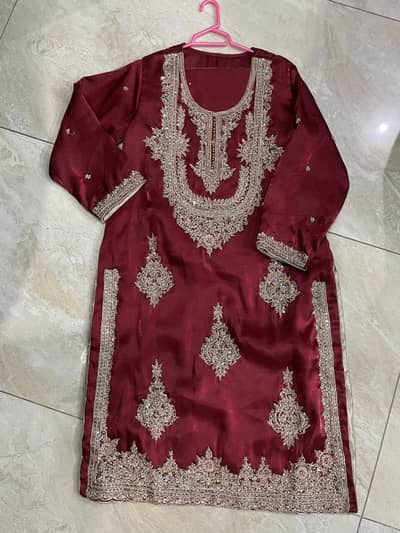 Maroon Silk Heavy Embroidered 3-Piece Suit – Size M, Like New