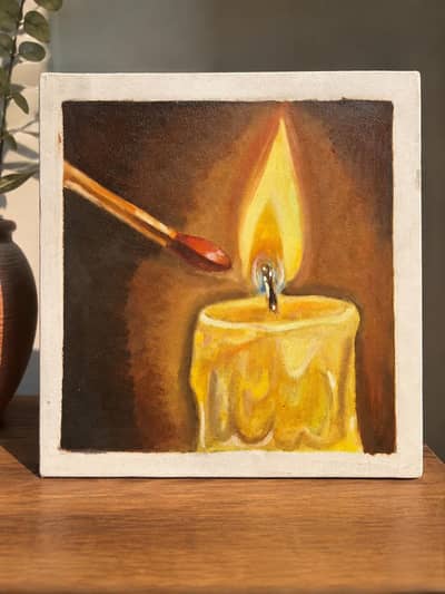 Handmade Original Oil Painting – Candle & Matchstick | 12 × 12 Inches