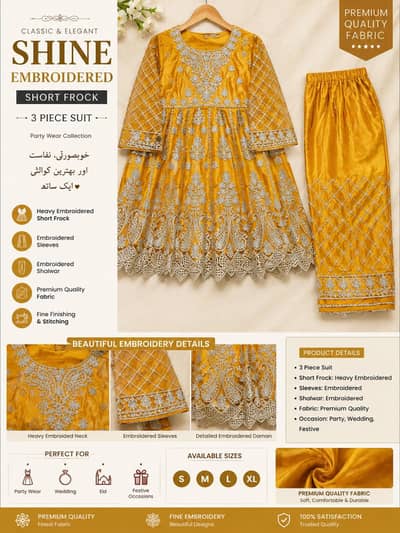 mustard heavy embroidery 3 piece short froq premium quality