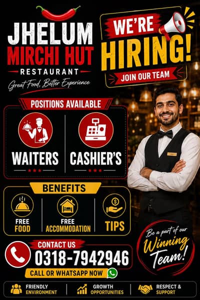 Cashiers & Waiters Required Urgently