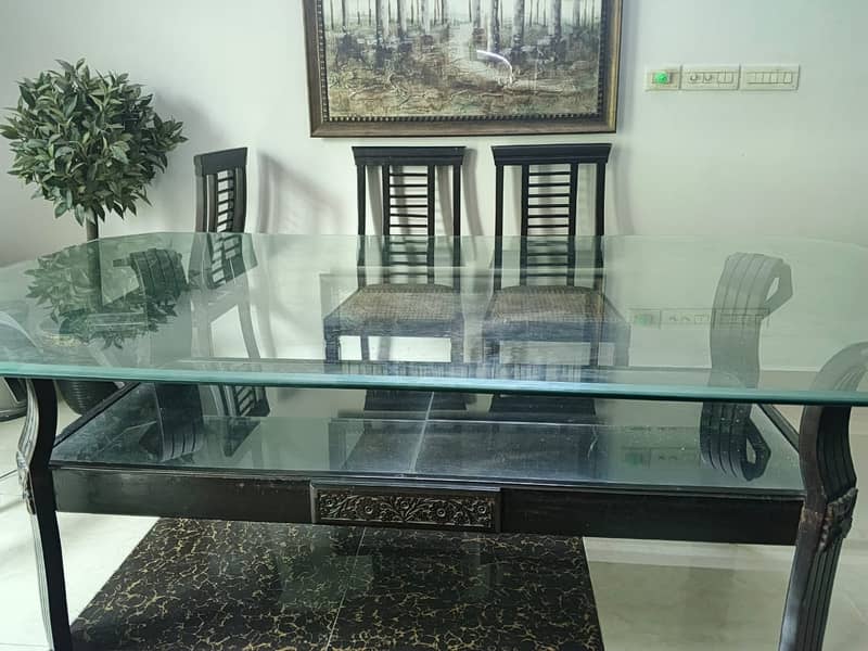 Glass top solid Wood base dining table 1