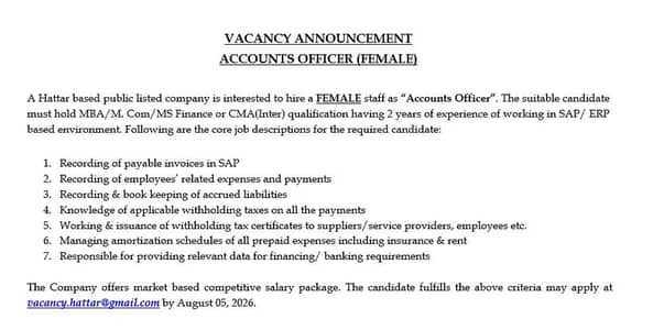 VACANCY ANNOUNCEMENT ACCOUNTS OFFICER (FEMALE)