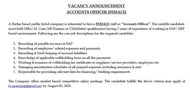 VACANCY ANNOUNCEMENT ACCOUNTS OFFICER (FEMALE)