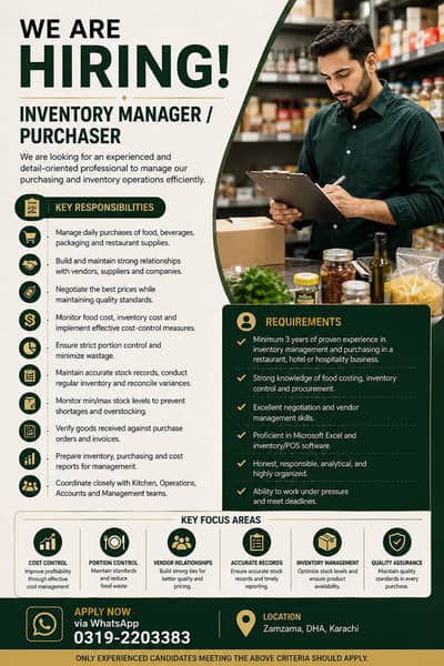 Inventory Manager / Purchasing Officer (Restaurant) Experienced Only