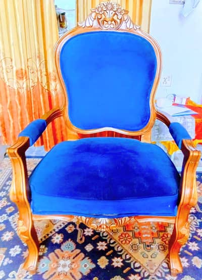 Classic Solid Wooden Carved Arm Chairs – Blue Velvet (Pair)