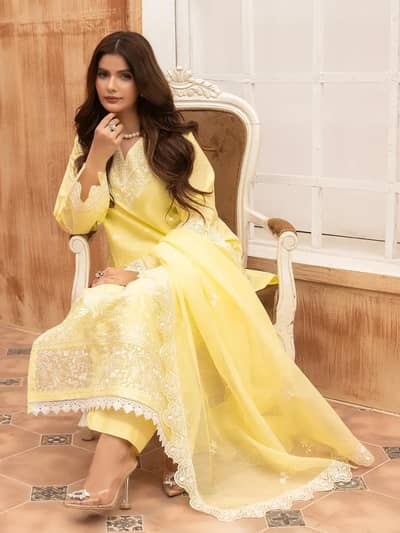 U5A Stunning Lemon Embroidered Women's Stitched Suit-3 Pcs Set