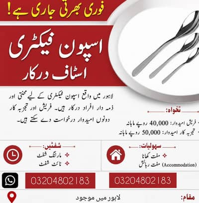 Spoon Factory staff required Packing job urgent hiring male female job