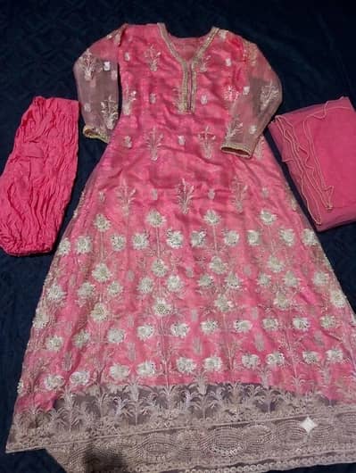 Pink Heavy Embroidered Party Wear Maxi 3 Piece