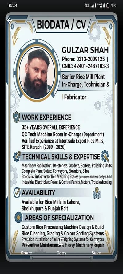 Senior Rice Mill Plant In-Charge & Mechanical/Electrical Technician