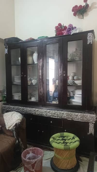 Wooden Crockery Cabinet Showcase with Glass Doors – Good Condition