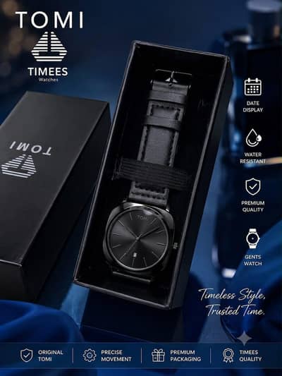 TOMI Timees Men's Premium Leather Strap Watch – Black Dial