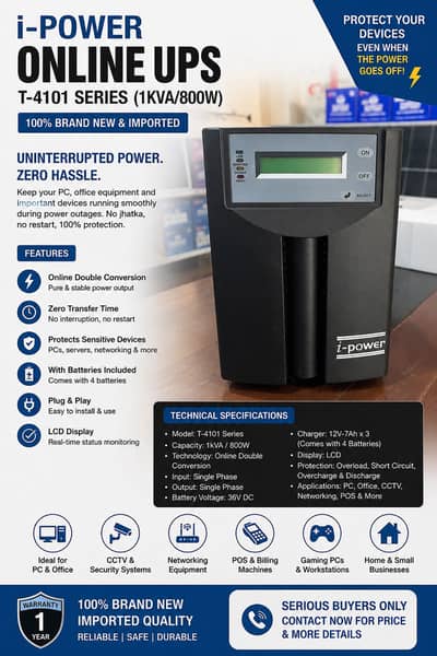 i-Power T-4101 Series (1–3KVA) UPS with 3 batteries