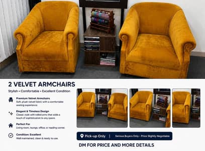 2 Premium Mustard Velvet Armchairs