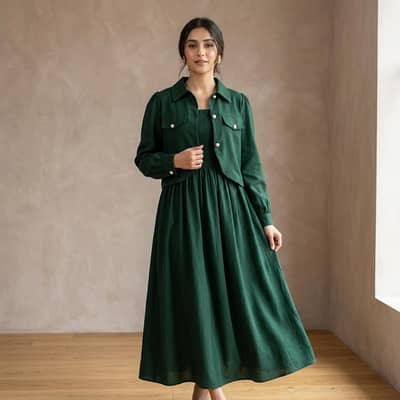 Green linen 2pc Women's party Dress Set