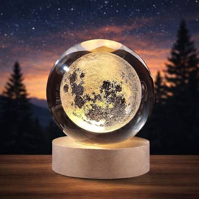 3D Moon Crystal Ball Night Light with Wooden LED Base – Aesthetic Roo