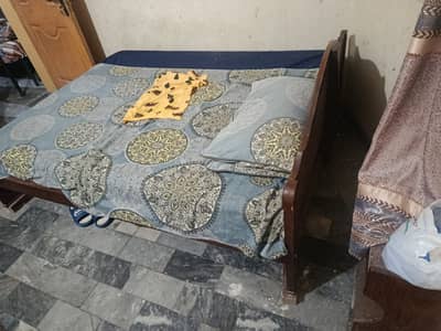 Pure Wooden Bed (100% wood) with a side table