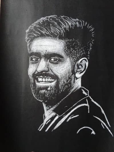 Handmade pastel portrait of Babar Azam | White pastel on black sheet