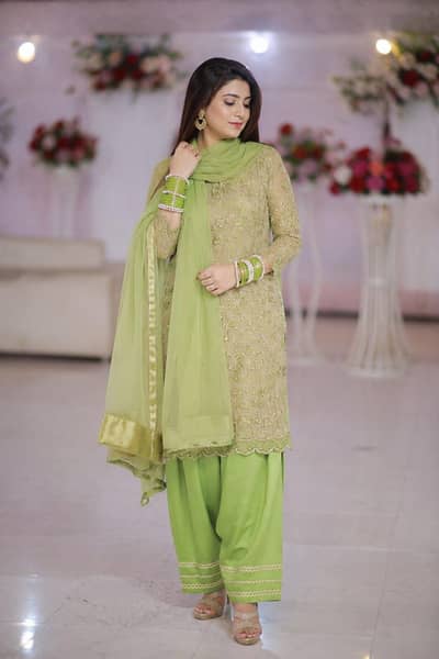 Party Wear light parrot Net Shirt Farshi Salwar Dupatta