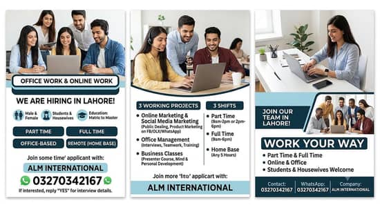 office & Online Work Jobs Available – Male/Female (Lahore)