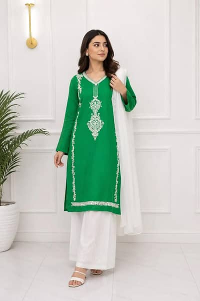 14 august special women 3-piece stitched embroidered dress