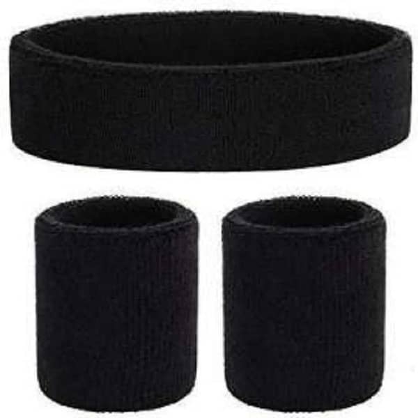Black Outdoor Fitness Sweatband Headband and Wrist Band – Pack of 2 (Unisex)