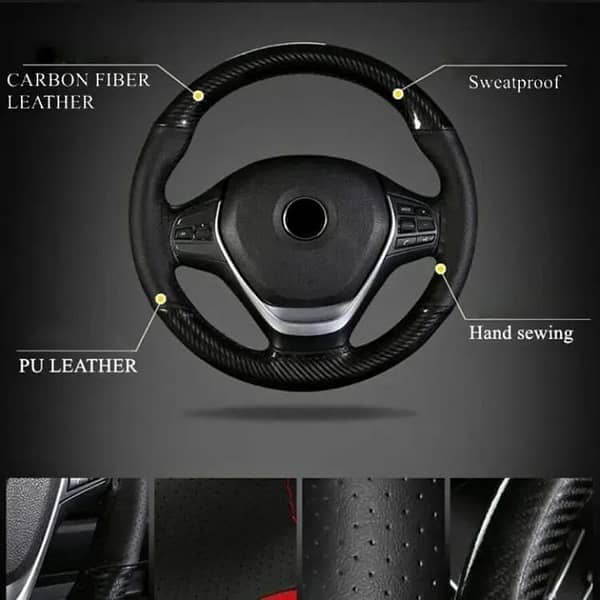 Leather Steering Wheel Cover with Carbon Fiber Pattern, Sport Stitching, Non-Slip, 38 cm