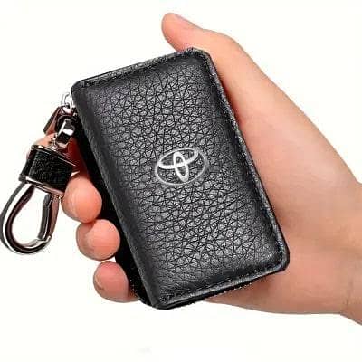 Leather Zipper Car Key Pouch with Metal Hook and Keyring — Toyota Logo