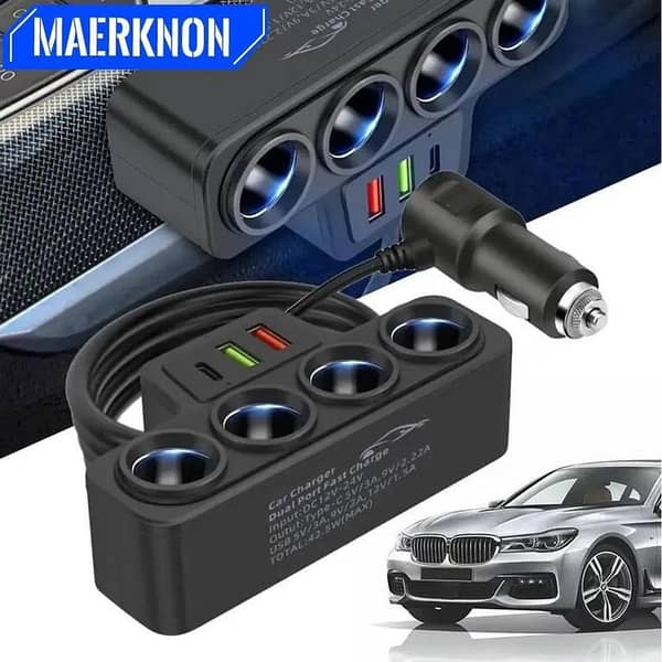 4-in-1 120W Car Lighter Adapter: 2 DC Sockets, 2 USB Ports, and Voltage Display