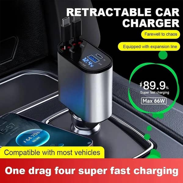 120W 4-in-1 Retractable Car Charger with USB PD, Type-C, and Lightning Cables