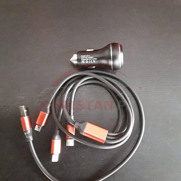 Car Mobile Fast Charger with 3-in-1 USB Data Cable (Black) - Dual Ports