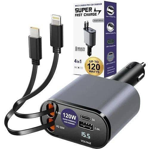 120W 4-In-1 Retractable Car Charger with Rotating Plug and Built-In Cables