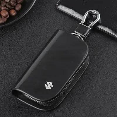 Leather Zipper Car Key Pouch with Metal Hook and Keyring for Suzuki Vehicles